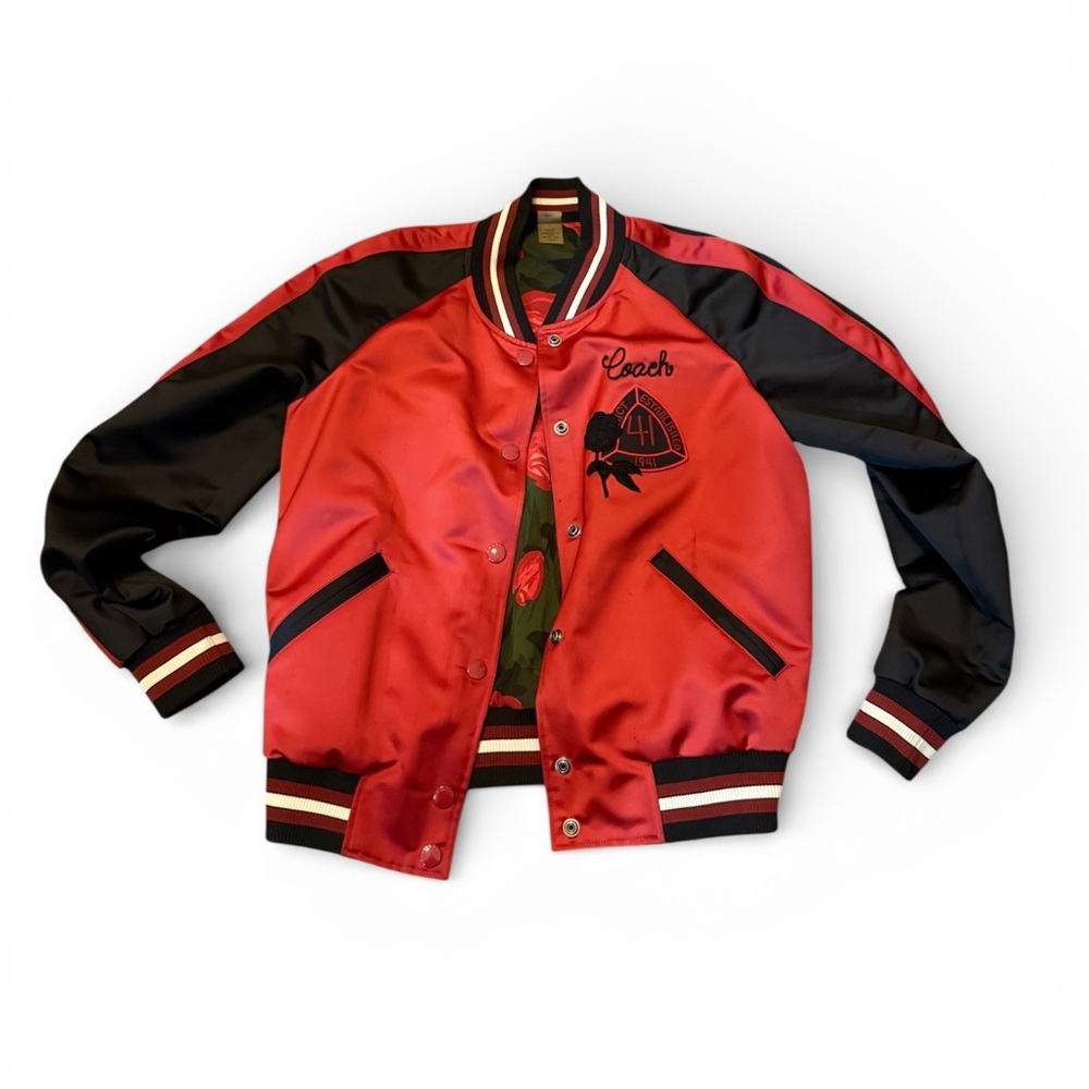 Coach Reversible Varsity Jacket Red Black Floral Rose Satin Bomber XS Women